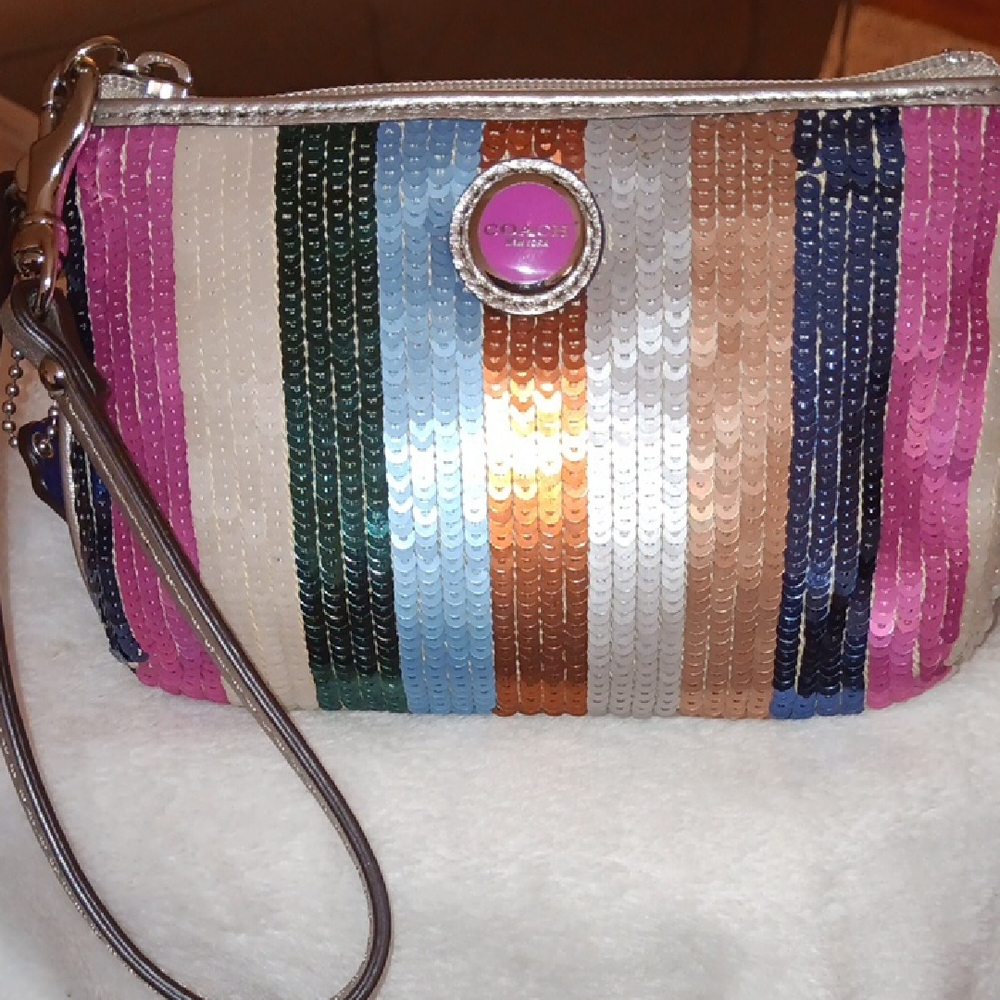 Coach Legacy Striped Sequin Wristlet with Silver Accents EUC